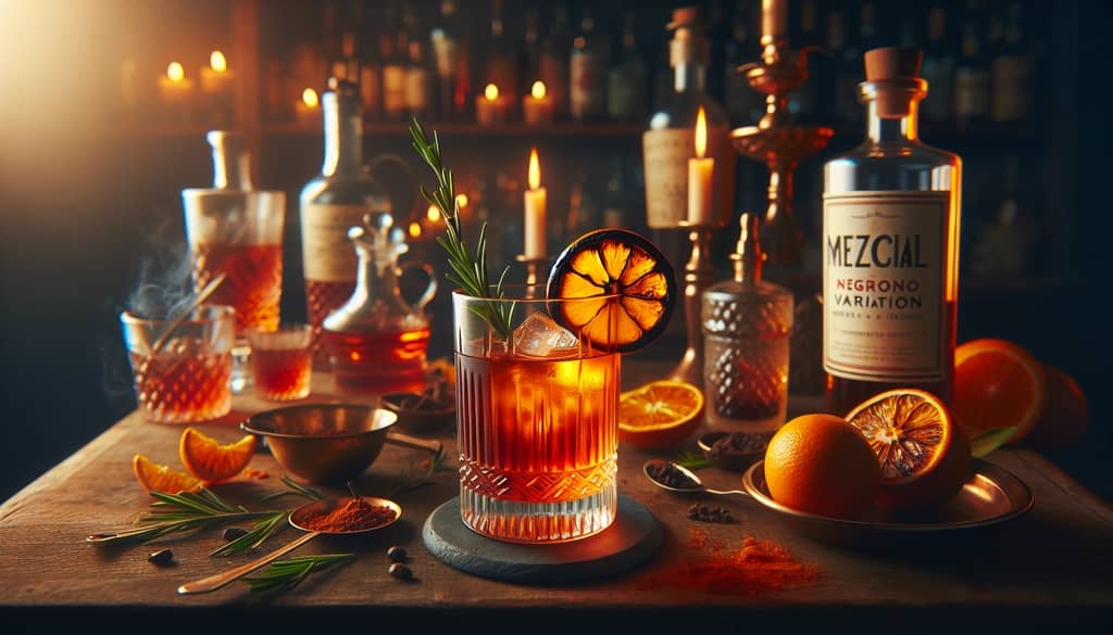 A Mezcal Negroni variation with orange bitters and charred orange garnish