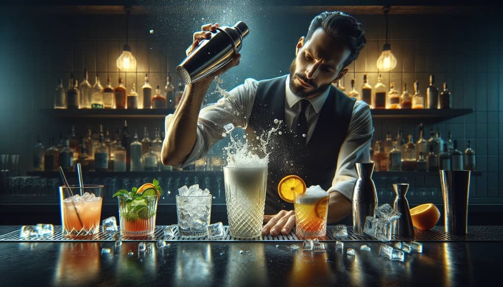 A mixologist expertly shaking a cocktail shaker filled with ice, citrus juice, and egg whites.