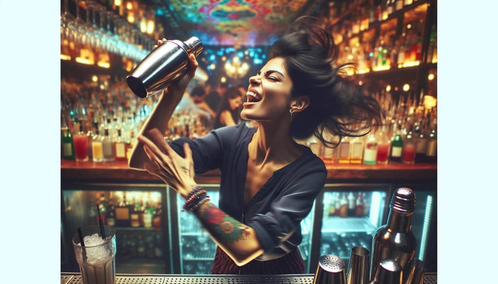 A mixologist vigorously shaking a cocktail shaker, demonstrating the energy and style of this method.