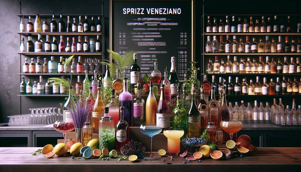 A modern bar display showcasing various ingredients used in contemporary Spritz Veneziano variations, from Prosecco to unique liqueurs.