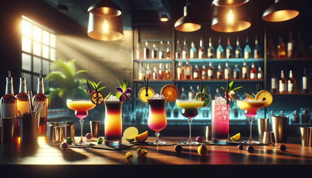 A modern bar scene showcasing innovative cocktail variations, with the Trinidad Sour and its contemporary twists in a line-up of colorful drinks.