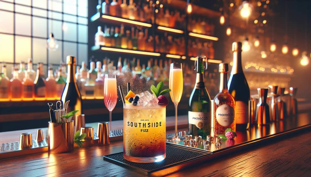 A modern bar set-up showcasing contemporary variations of the Southside Fizz, complete with new ingredients like prosecco and innovative presentation styles.