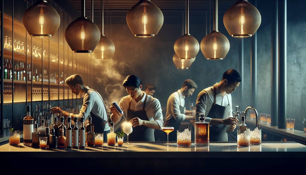 A modern bar with mixologists crafting innovative variations of the Toronto cocktail