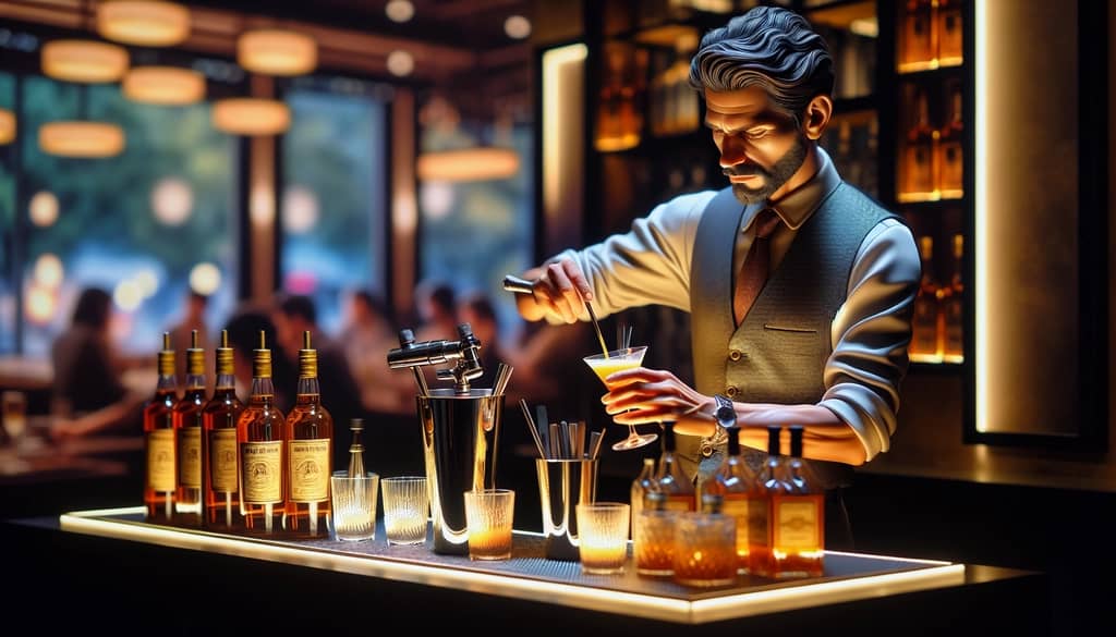 A modern bartender crafting a contemporary version of the Golden Dream cocktail, showcasing creativity and innovation.