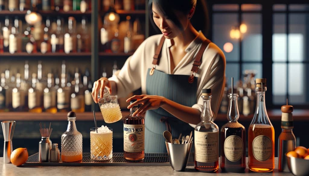 A modern bartender crafting a Horse's Neck cocktail with bourbon and artisanal ginger ale