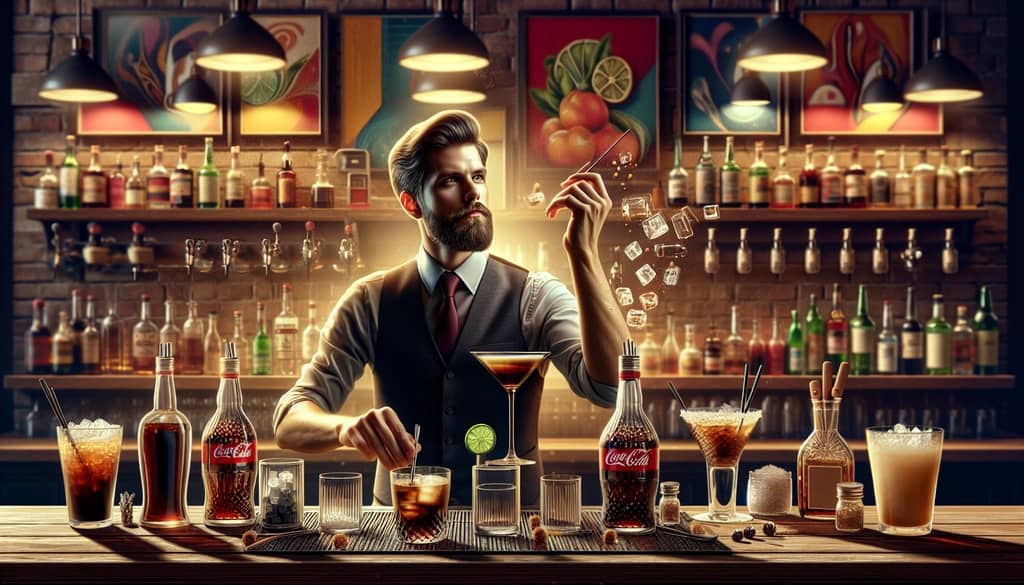 A modern bartender creatively mixing variations of the classic Batanga using different types of Coke and tequila.