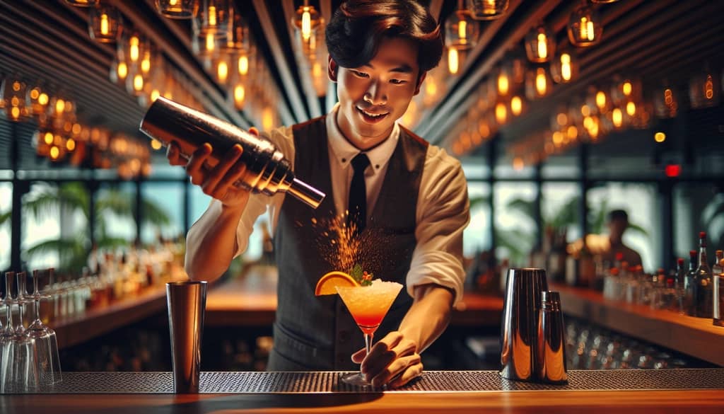 A modern bartender shaking up a Lion's Tail cocktail in a contemporary bar setting, illustrating its resurgence.