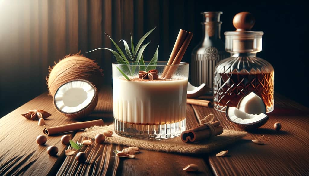 A modern Bourbon Milk Punch variation with coconut milk and a cinnamon stick garnish