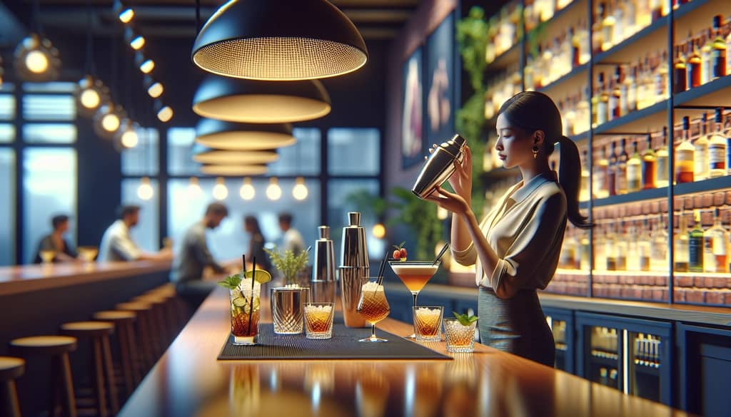 A modern-day bartender elegantly preparing a variation of the Old Pal cocktail, highlighting its influence on contemporary mixology.
