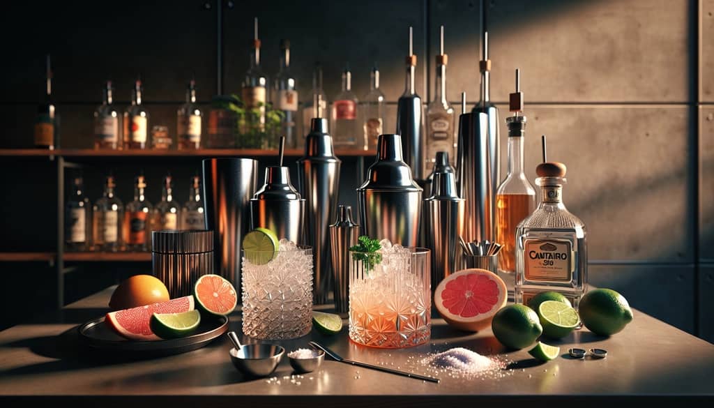 A modern home bar setup with the ingredients and tools to make a Cantarito cocktail