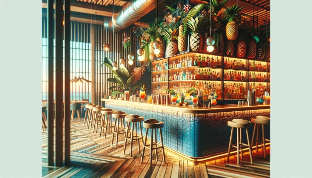 A modern Tiki bar serving creatively garnished Planter's Punch cocktails, highlighting contemporary mixology