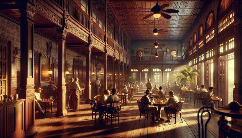 A nostalgic depiction of the Pegu Club in Burma during the early 20th century.