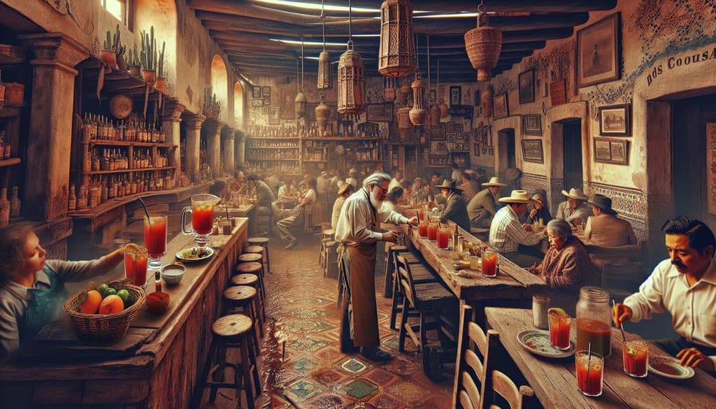A nostalgic view of a lively Mexican cantina, capturing the legendary essence surrounding the origins of the Bloody Maria.