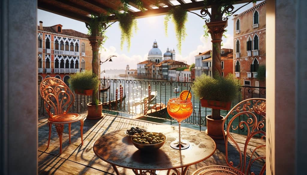 A picturesque scene of a Spritz Veneziano cocktail on a Venetian terrace, encapsulating the essence of Italian aperitivo culture.
