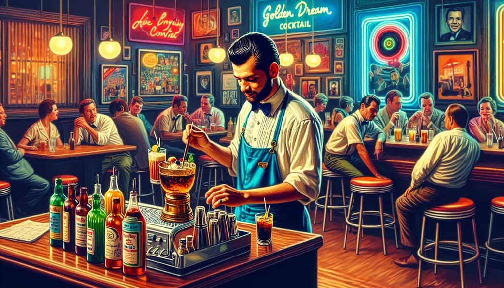 A portrait of Raimundo Alvarez, the bartender credited with creating the Golden Dream cocktail, surrounded by 1960s bar culture.