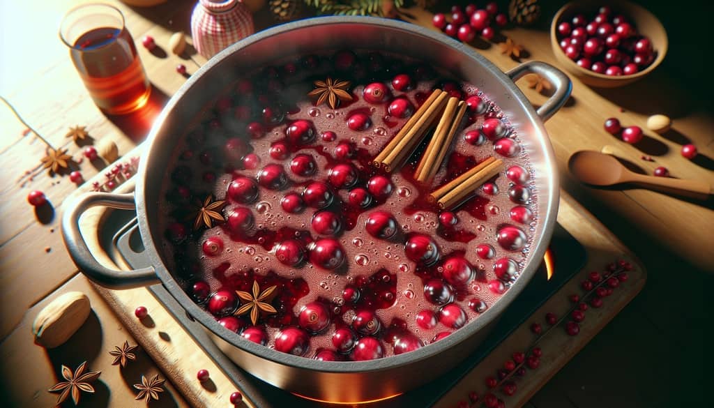 A pot of spiced cranberry bourbon sauce simmering with cinnamon and spices, showcasing its festive aroma and texture.