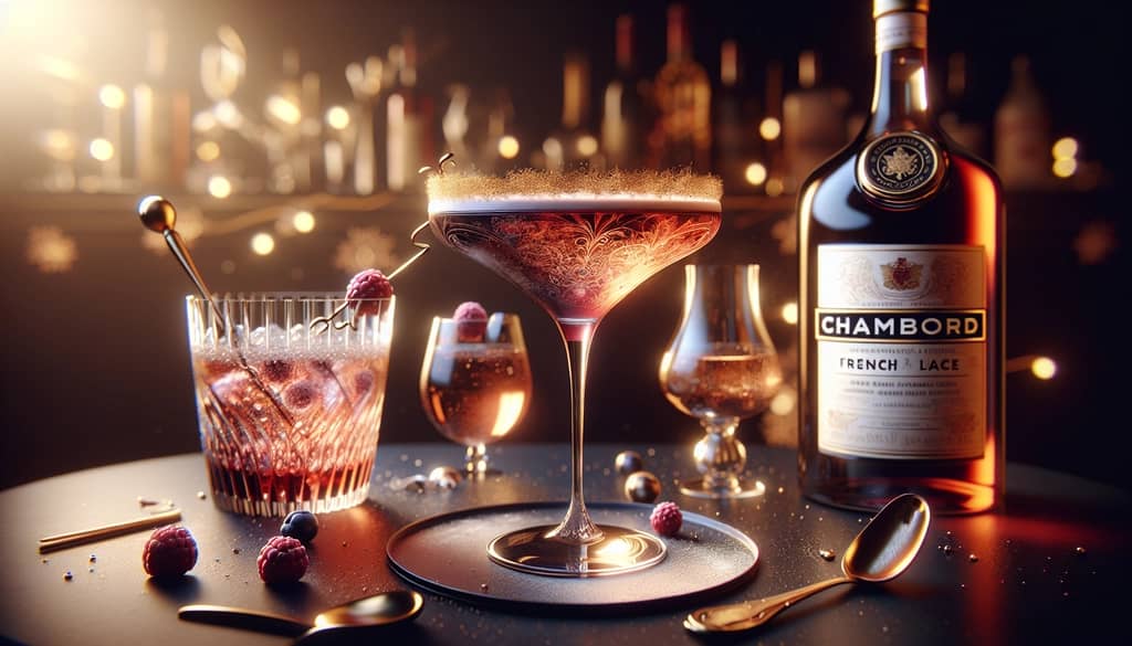 A refined French Lace Martini with Chambord, vodka, and a splash of Champagne.