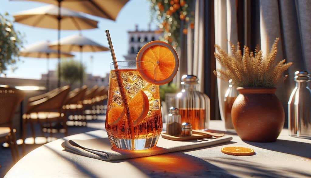 A refreshing Amaro Nonino Spritz garnished with a slice of orange on a sunny terrace