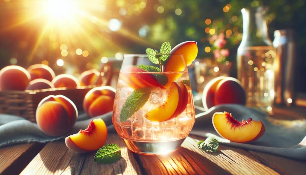 A refreshing Amaro Peach Spritz featuring lush peach slices and a mint sprig for a perfect summer drink