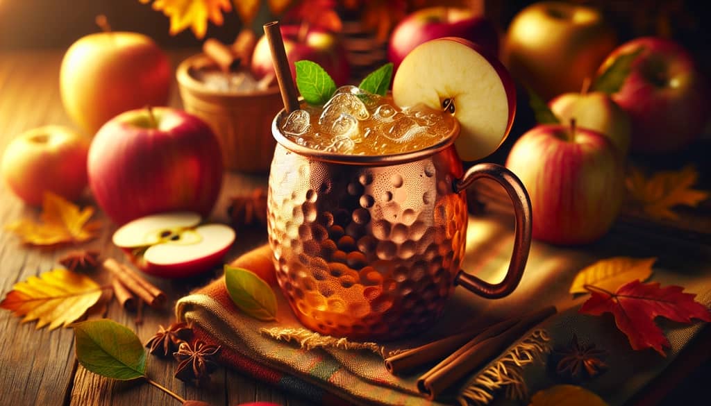 A refreshing Apple Cider Mule cocktail served in a copper mug, showcasing autumn's favorite flavors.