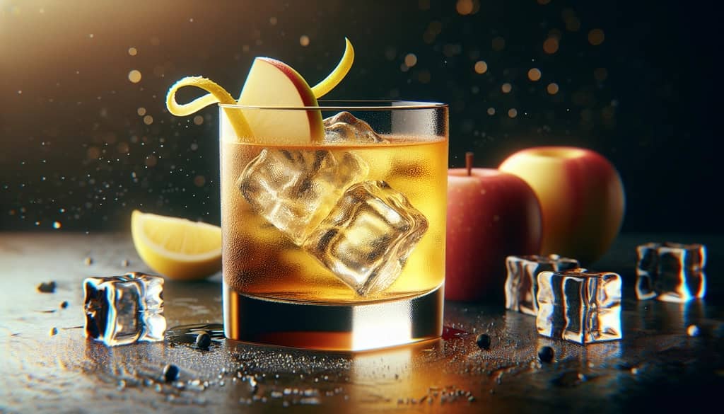 A refreshing Apple Whiskey Sour garnished with a lemon twist, showcasing its bright and tangy appeal.