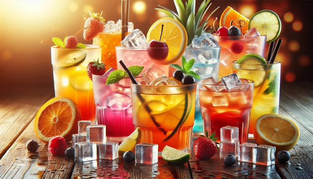 A refreshing assortment of colorful summer cocktails with fruits and ice, perfect for hot weather