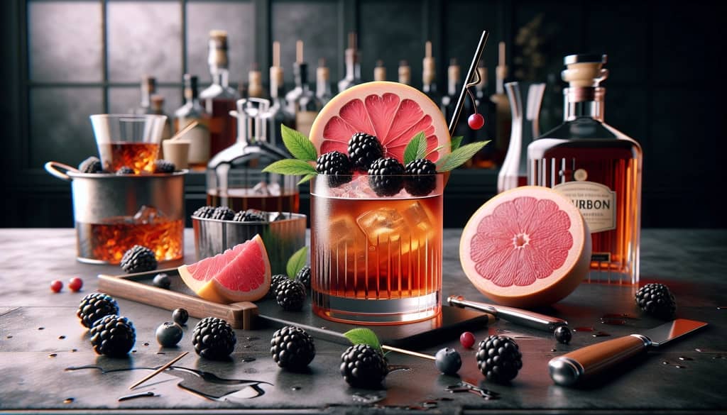 A refreshing Bourbon Sidecar cocktail garnished with fresh blackberries and a grapefruit twist, showcasing modern fruit pairings.