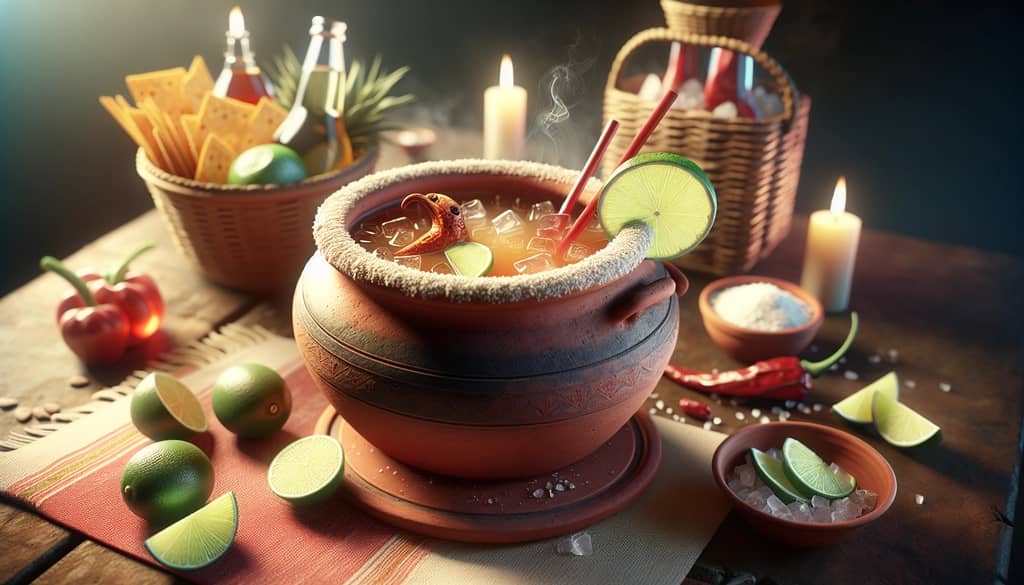 A refreshing Cantarito Cocktail served in a traditional clay pot, capturing the essence of Mexican flavors