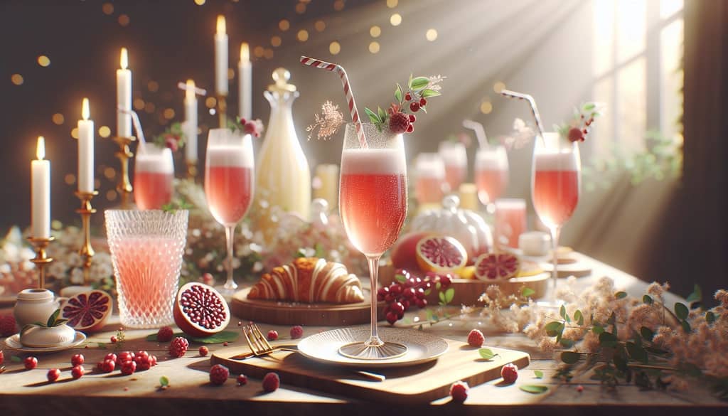 A refreshing cranberry mimosa with elegant white and pomegranate variations, perfect for brunch.