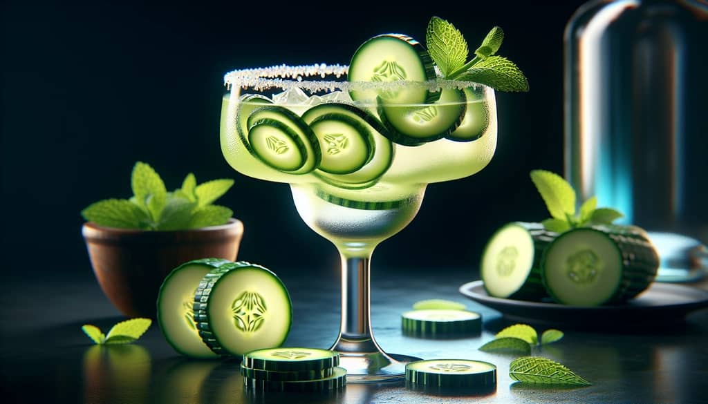 A refreshing Cucumber Casamigos Margarita garnished with cucumber wheels and mint