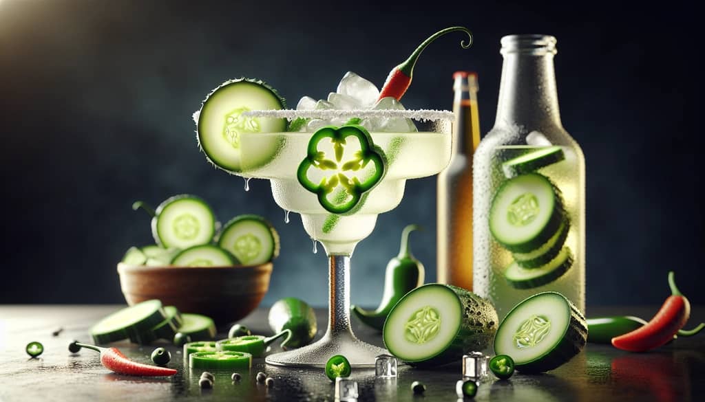A refreshing Cucumber Jalapeño Margarita with cucumber and jalapeño garnishes