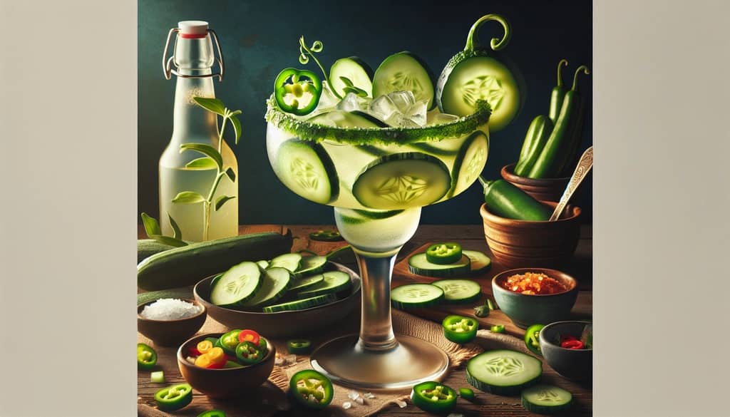 A refreshing Cucumber Jalapeño Margarita with slices of cucumber and jalapeño garnishing the glass