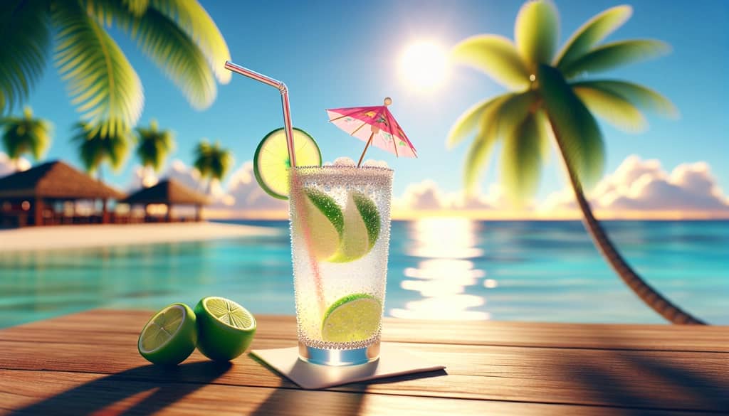 A refreshing Dirty Shirley accented with white rum and lime, creating a tropical sensation in a sunny setting.