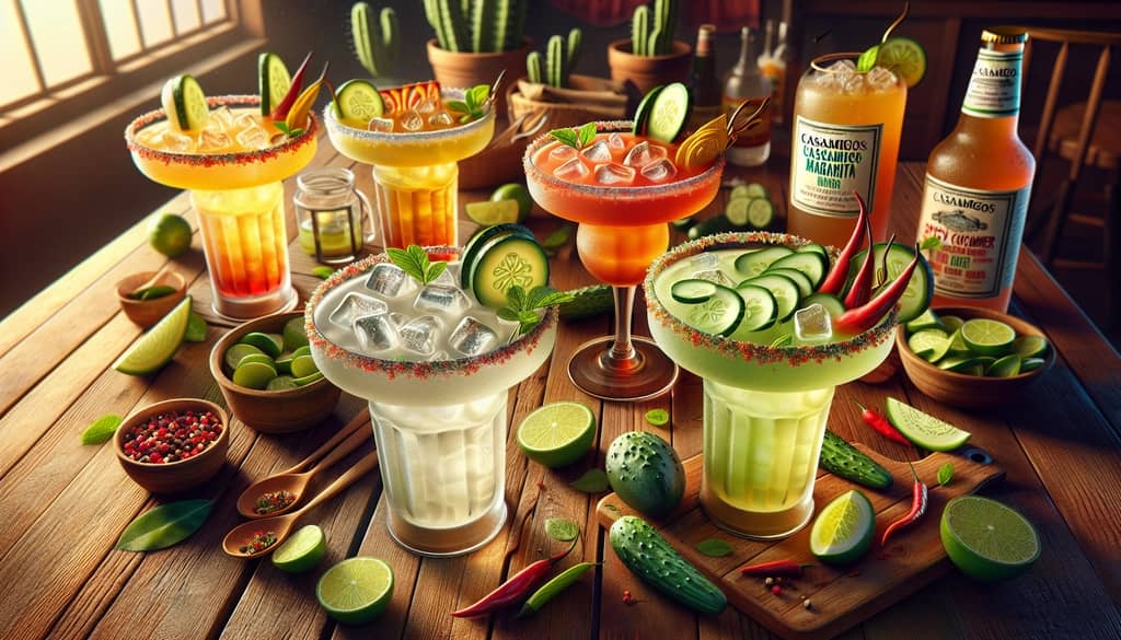 A refreshing display of Spicy and Cucumber Casamigos Margarita variations on a wooden table