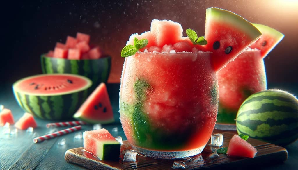 A refreshing frozen watermelon mule with a slushy texture, perfect for hot summer days.