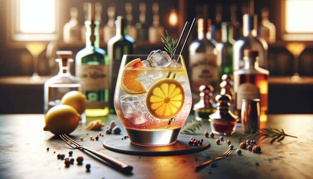 A refreshing gin and soda cocktail infused with various bitters and vibrant flavors, highlighting the versatility of this classic drink