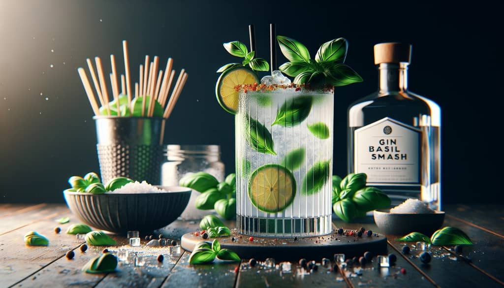 A refreshing Gin Basil Smash cocktail beautifully garnished with fresh basil leaves.