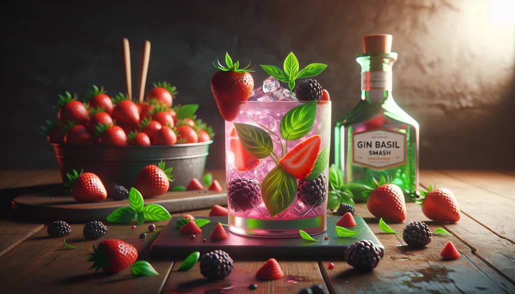 A refreshing Gin Basil Smash with vibrant colors from strawberries and blackberries