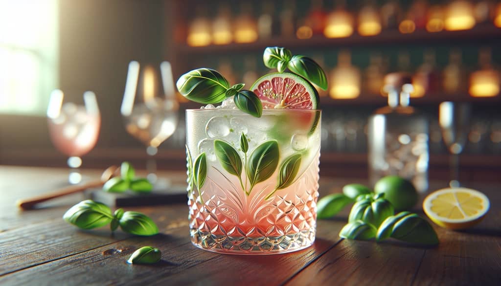A refreshing Gin Basil Sour cocktail garnished with a sprig of basil, offering an aromatic and herbal twist