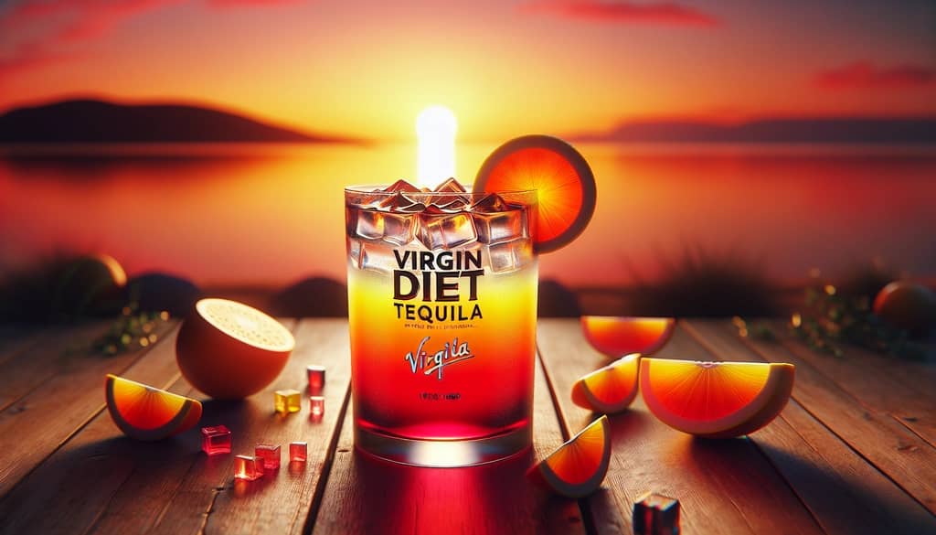 A refreshing glass of a vibrant Virgin Diet Tequila Sunrise, depicted with beautiful gradient colors and garnished with a slice of orange.