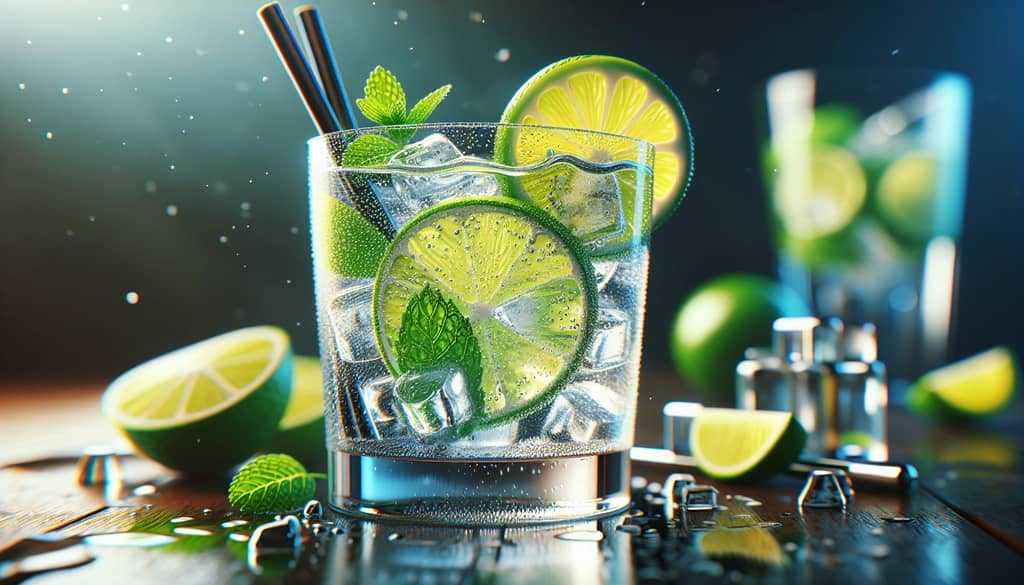 A refreshing glass of gin and soda garnished with lime and a sprig of mint