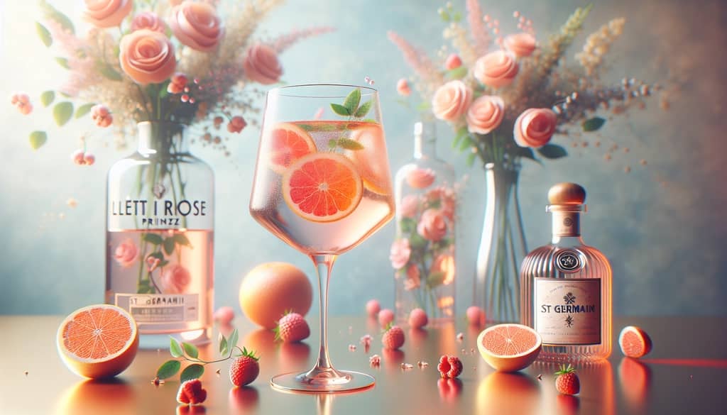 A refreshing glass of Lillet Rose Spritz with St Germain, showcasing its vibrant hues and elegant presentation