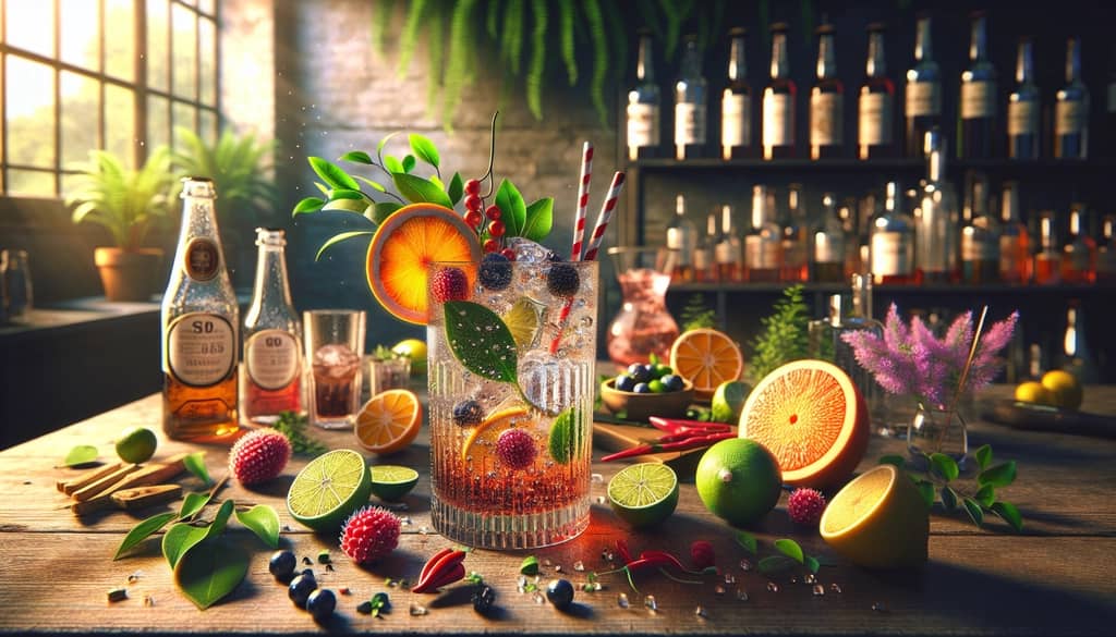 A refreshing glass of non-alcoholic bitters and soda with vibrant garnishes