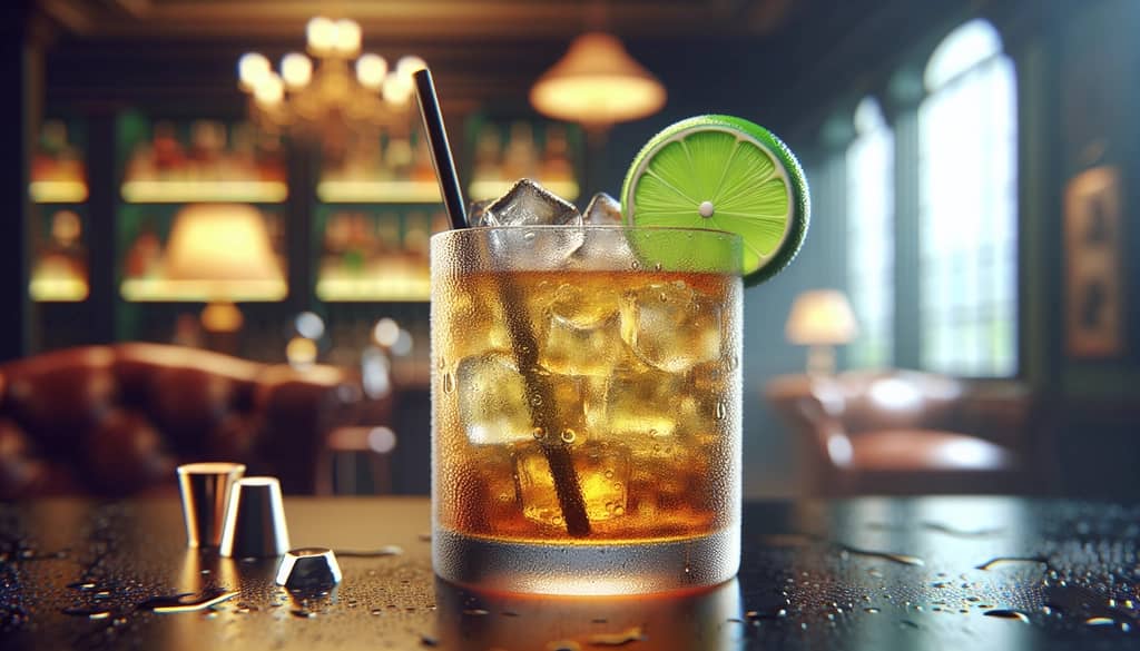 A refreshing glass of rum and ginger ale cocktail with lime garnish, embodying the essence of the classic combination.