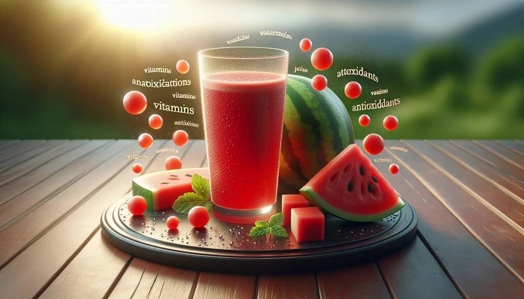 A refreshing glass of watermelon juice highlighting its health benefits, including vitamins and antioxidants.