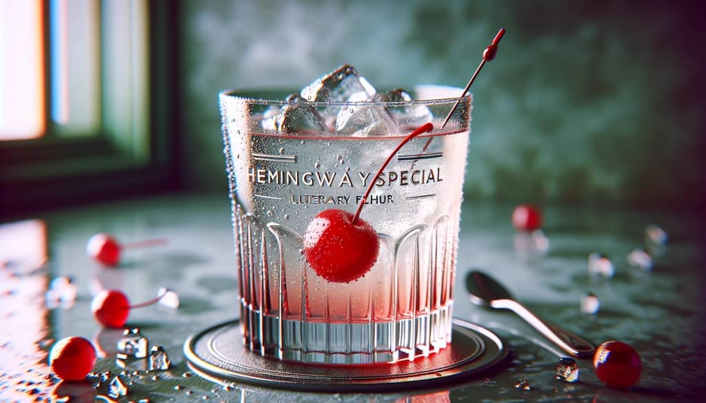 A refreshing Hemingway Special cocktail garnished with a maraschino cherry, embodying literary flair.