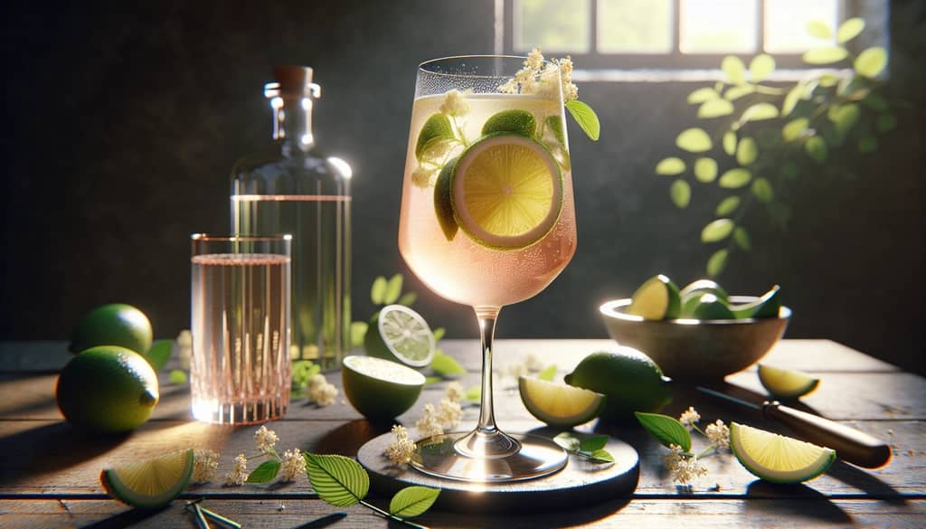 A refreshing Hugo cocktail in a stylish glass, showcasing its elegant blend of Prosecco and elderflower syrup.