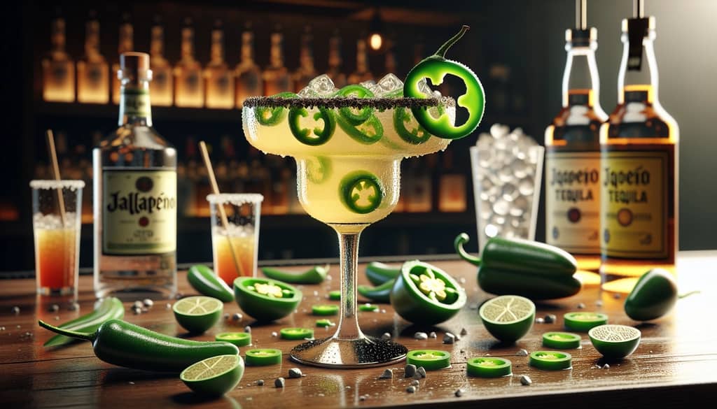 A refreshing jalapeño tequila margarita garnished with a jalapeño slice, capturing the spicy and citrusy essence of the drink.
