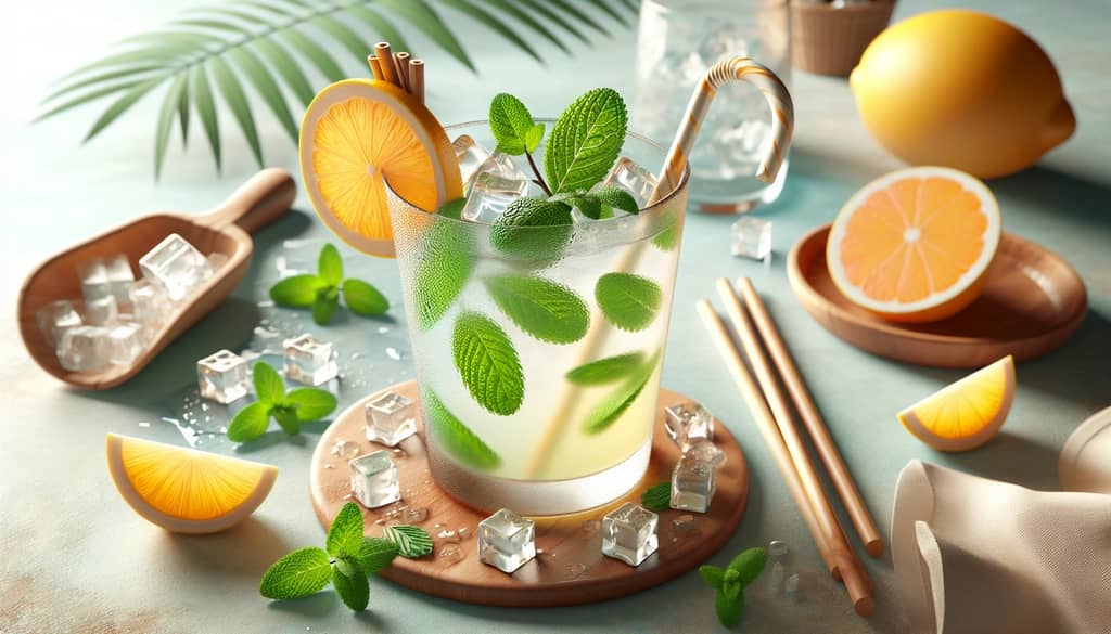 A refreshing low-calorie cocktail with a sprig of mint and a slice of citrus