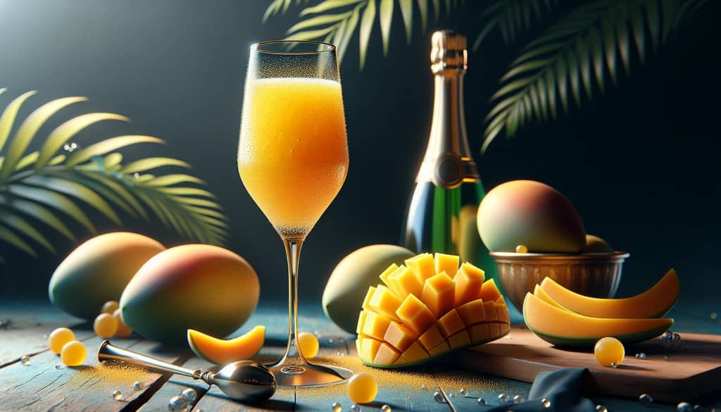 A refreshing Mango Mimosa in a champagne flute, capturing the essence of tropical indulgence.